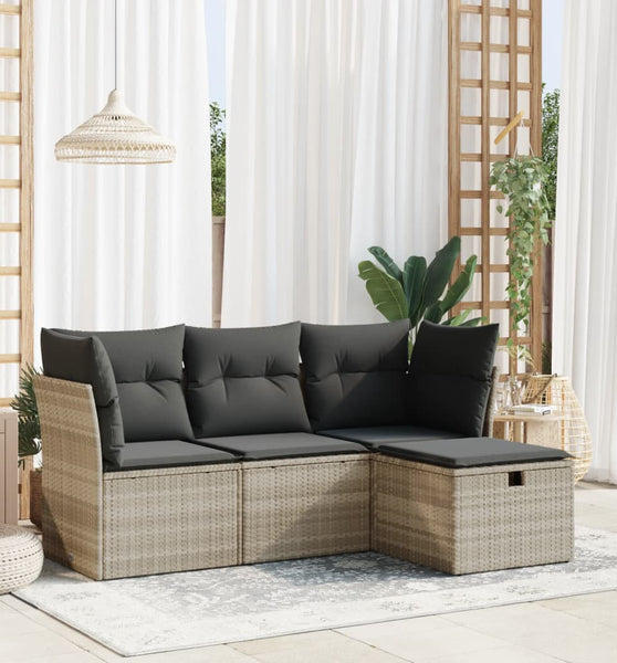 4-tlg. Garten-Sofagarnitur mit Kissen Hellgrau Poly Rattan