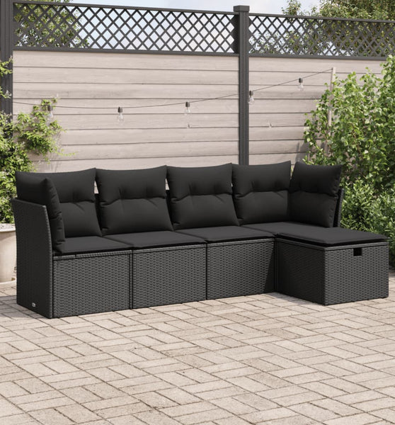 5-tlg. Garten-Sofagarnitur mit Kissen Schwarz Poly Rattan
