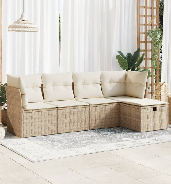 5-tlg. Garten-Sofagarnitur mit Kissen Beige Poly Rattan