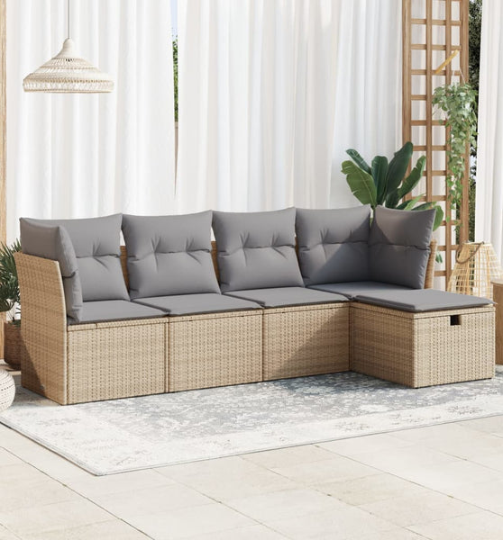 5-tlg. Garten-Sofagarnitur mit Kissen Beige Poly Rattan