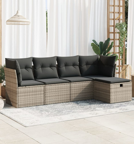 5-tlg. Garten-Sofagarnitur mit Kissen Grau Poly Rattan
