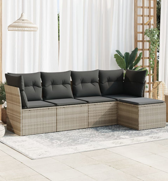 5-tlg. Garten-Sofagarnitur mit Kissen Hellgrau Poly Rattan