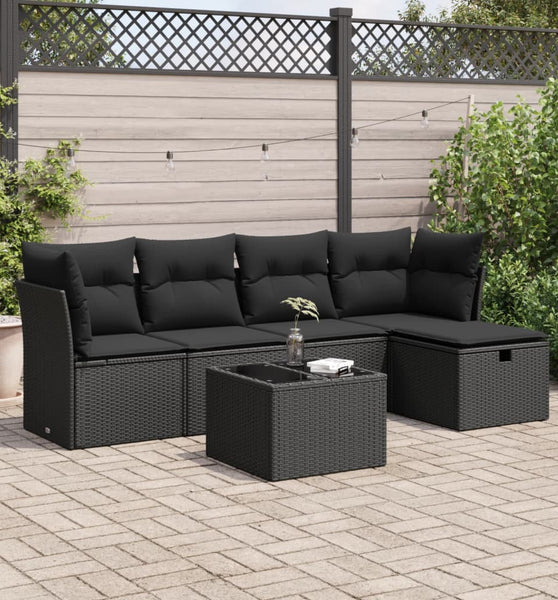 6-tlg. Garten-Sofagarnitur mit Kissen Schwarz Poly Rattan