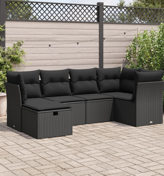6-tlg. Garten-Sofagarnitur mit Kissen Schwarz Poly Rattan