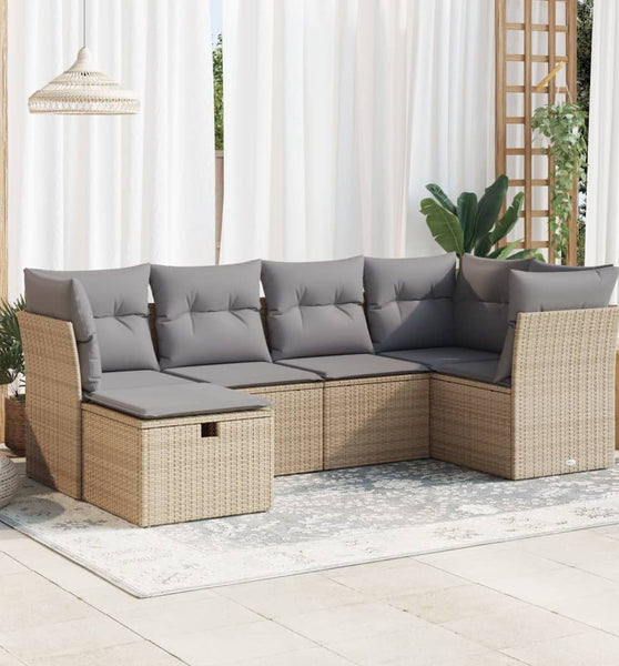 6-tlg. Garten-Sofagarnitur mit Kissen Beige Poly Rattan