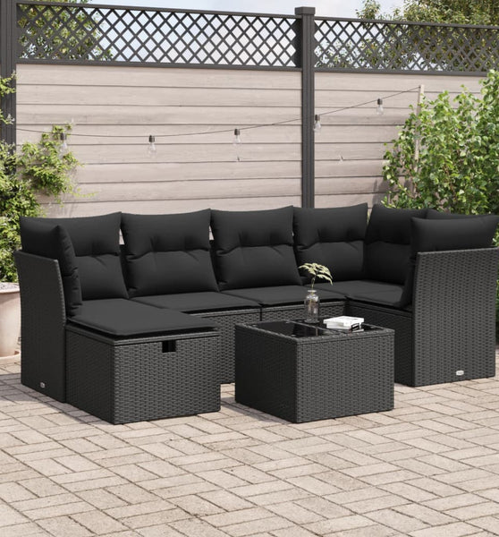 7-tlg. Garten-Sofagarnitur mit Kissen Schwarz Poly Rattan
