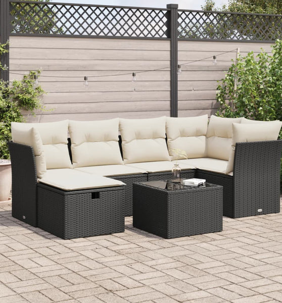 7-tlg. Garten-Sofagarnitur mit Kissen Schwarz Poly Rattan