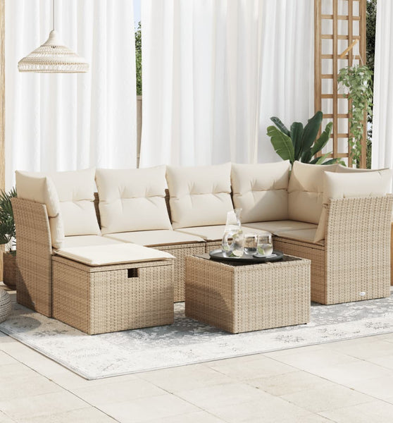 7-tlg. Garten-Sofagarnitur mit Kissen Beige Poly Rattan