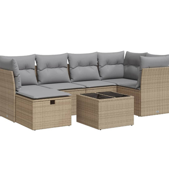 7-tlg. Garten-Sofagarnitur mit Kissen Beige Poly Rattan