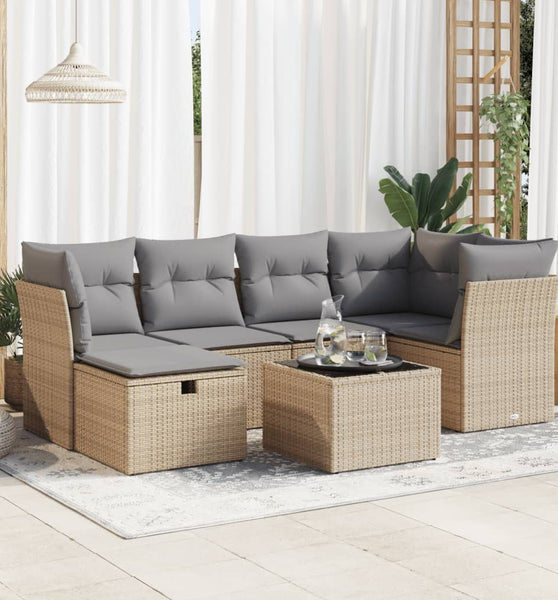 7-tlg. Garten-Sofagarnitur mit Kissen Beige Poly Rattan