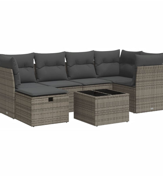 7-tlg. Garten-Sofagarnitur mit Kissen Grau Poly Rattan