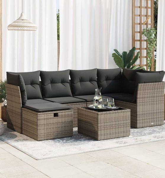 7-tlg. Garten-Sofagarnitur mit Kissen Grau Poly Rattan