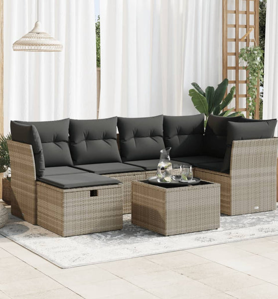 7-tlg. Garten-Sofagarnitur mit Kissen Hellgrau Poly Rattan