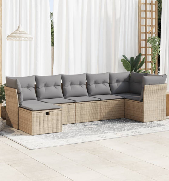 7-tlg. Garten-Sofagarnitur mit Kissen Beige Poly Rattan
