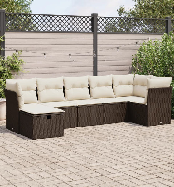 7-tlg. Garten-Sofagarnitur mit Kissen Braun Poly Rattan