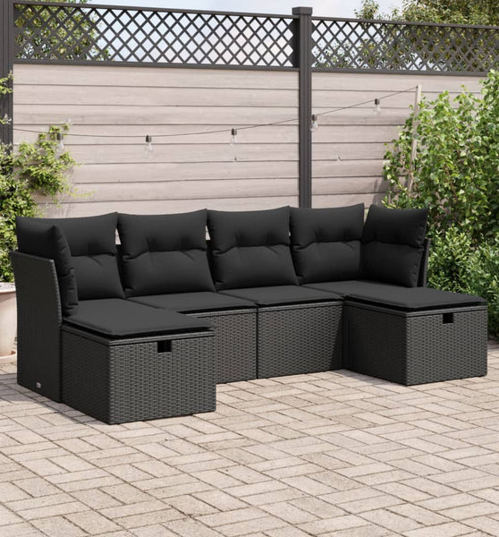 6-tlg. Garten-Sofagarnitur mit Kissen Schwarz Poly Rattan