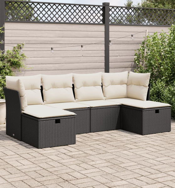 6-tlg. Garten-Sofagarnitur mit Kissen Schwarz Poly Rattan