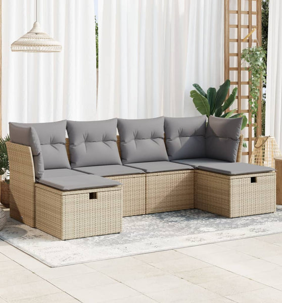 6-tlg. Garten-Sofagarnitur mit Kissen Beige Poly Rattan