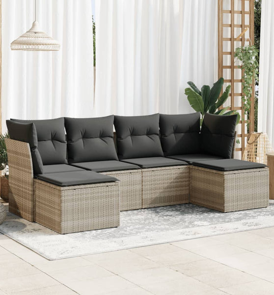 6-tlg. Garten-Sofagarnitur mit Kissen Hellgrau Poly Rattan