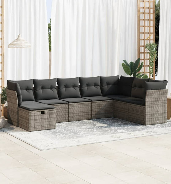 8-tlg. Garten-Sofagarnitur mit Kissen Grau Poly Rattan