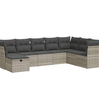 8-tlg. Garten-Sofagarnitur mit Kissen Hellgrau Poly Rattan