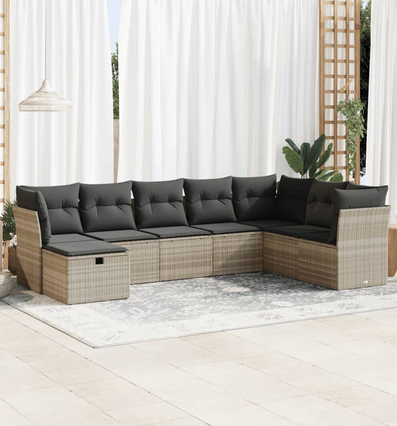 8-tlg. Garten-Sofagarnitur mit Kissen Hellgrau Poly Rattan