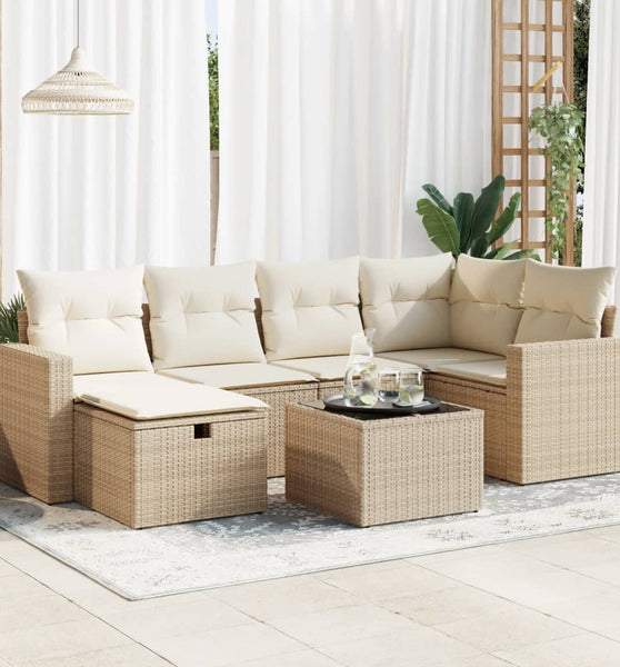 7-tlg. Garten-Sofagarnitur mit Kissen Beige Poly Rattan