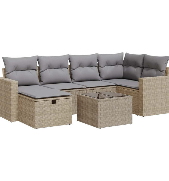 7-tlg. Garten-Sofagarnitur mit Kissen Beige Poly Rattan