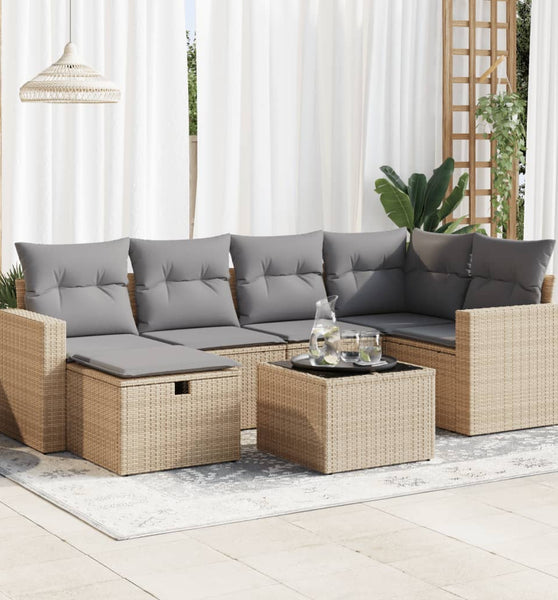 7-tlg. Garten-Sofagarnitur mit Kissen Beige Poly Rattan