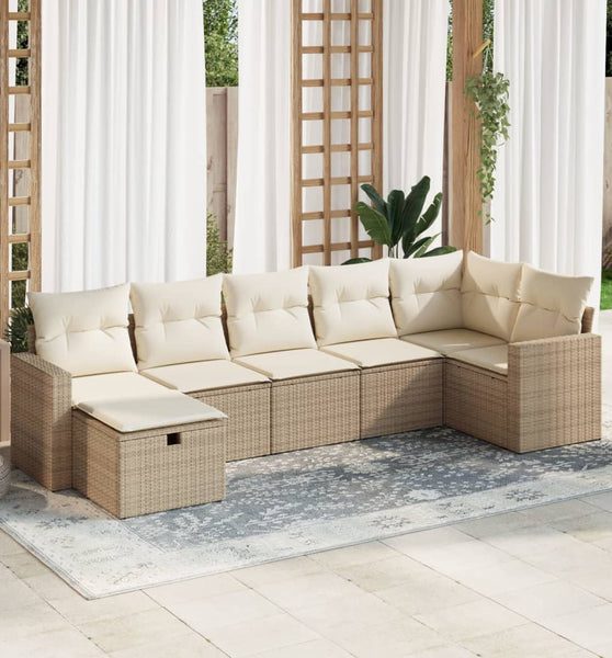 7-tlg. Garten-Sofagarnitur mit Kissen Beige Poly Rattan