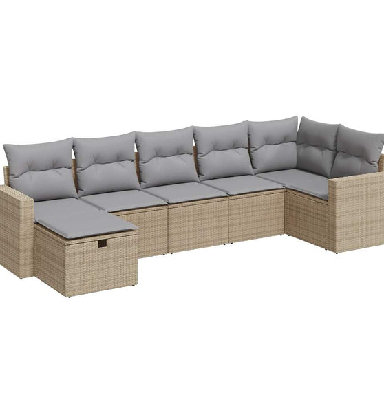 7-tlg. Garten-Sofagarnitur mit Kissen Beige Poly Rattan