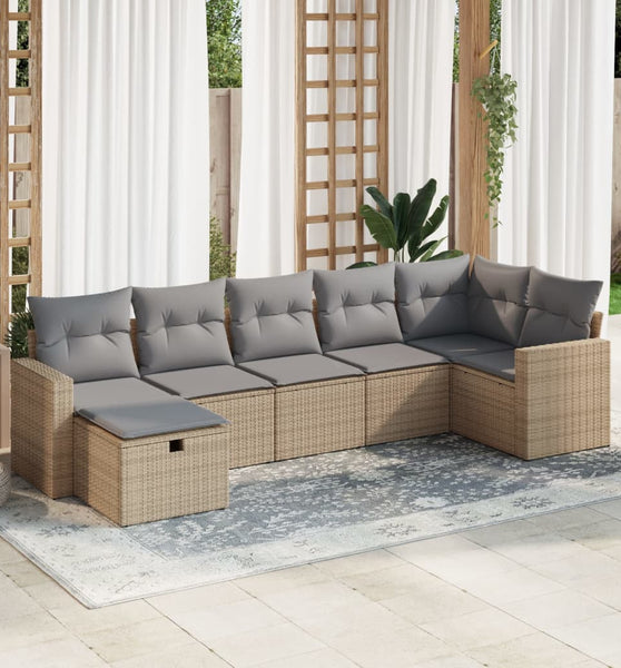 7-tlg. Garten-Sofagarnitur mit Kissen Beige Poly Rattan