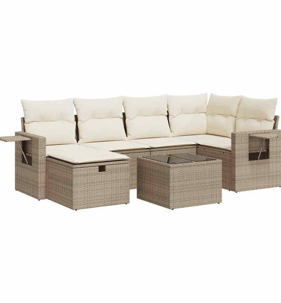 7-tlg. Garten-Sofagarnitur mit Kissen Beige Poly Rattan