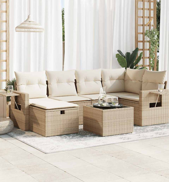 7-tlg. Garten-Sofagarnitur mit Kissen Beige Poly Rattan