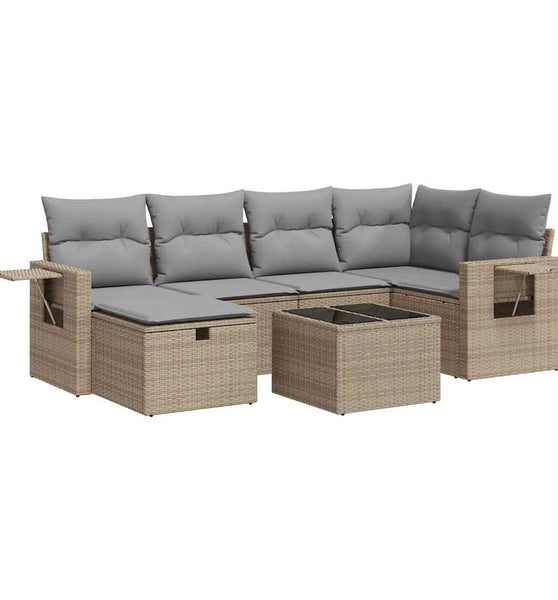 7-tlg. Garten-Sofagarnitur mit Kissen Beige Poly Rattan