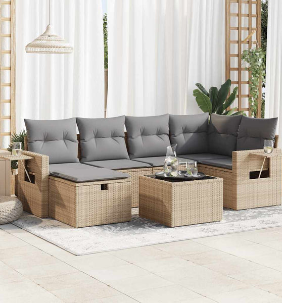 7-tlg. Garten-Sofagarnitur mit Kissen Beige Poly Rattan