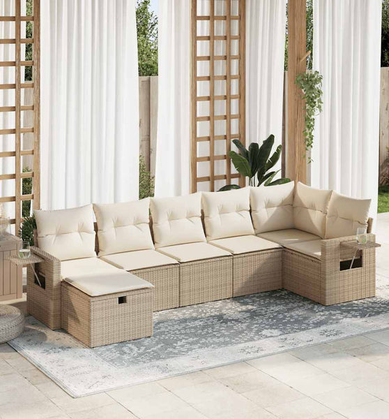 7-tlg. Garten-Sofagarnitur mit Kissen Beige Poly Rattan