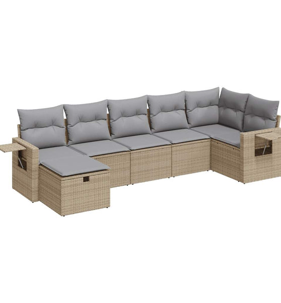 7-tlg. Garten-Sofagarnitur mit Kissen Beige Poly Rattan