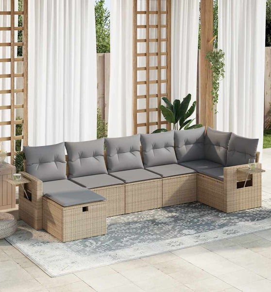 7-tlg. Garten-Sofagarnitur mit Kissen Beige Poly Rattan