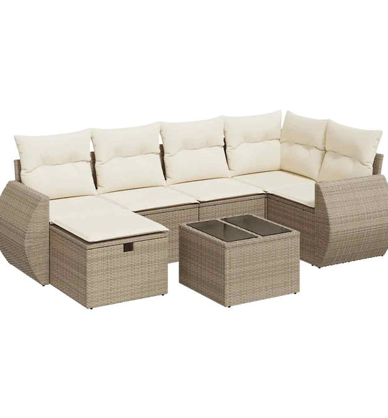 7-tlg. Garten-Sofagarnitur mit Kissen Beige Poly Rattan