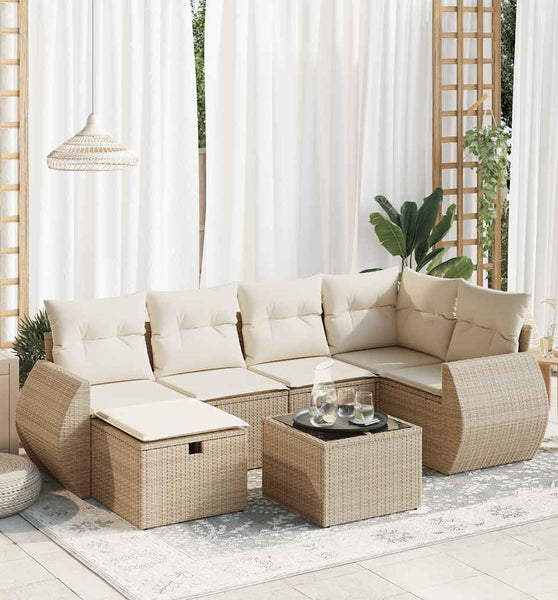 7-tlg. Garten-Sofagarnitur mit Kissen Beige Poly Rattan