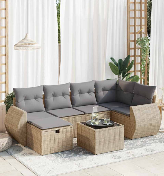 7-tlg. Garten-Sofagarnitur mit Kissen Beige Poly Rattan