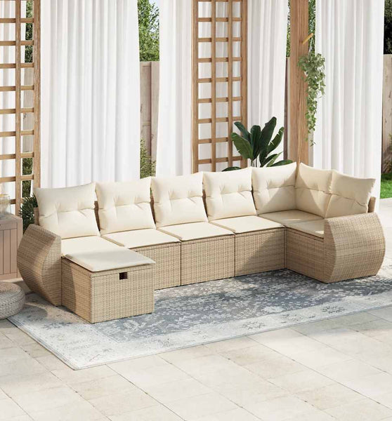 7-tlg. Garten-Sofagarnitur mit Kissen Beige Poly Rattan