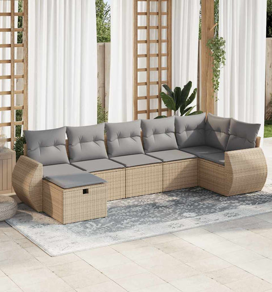 7-tlg. Garten-Sofagarnitur mit Kissen Beige Poly Rattan