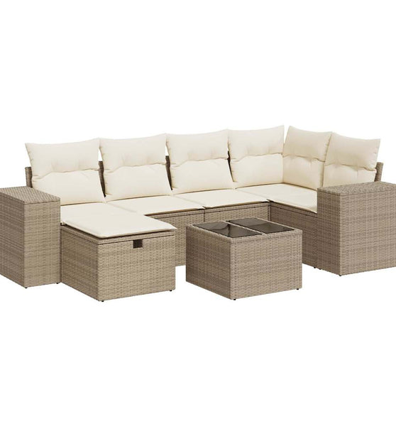 7-tlg. Garten-Sofagarnitur mit Kissen Beige Poly Rattan