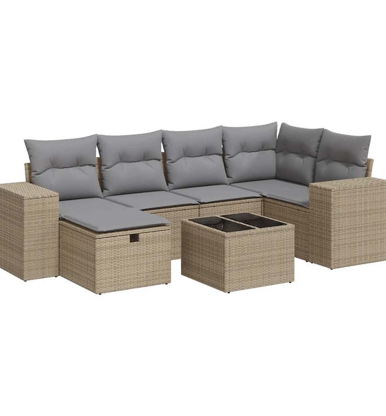 7-tlg. Garten-Sofagarnitur mit Kissen Beige Poly Rattan