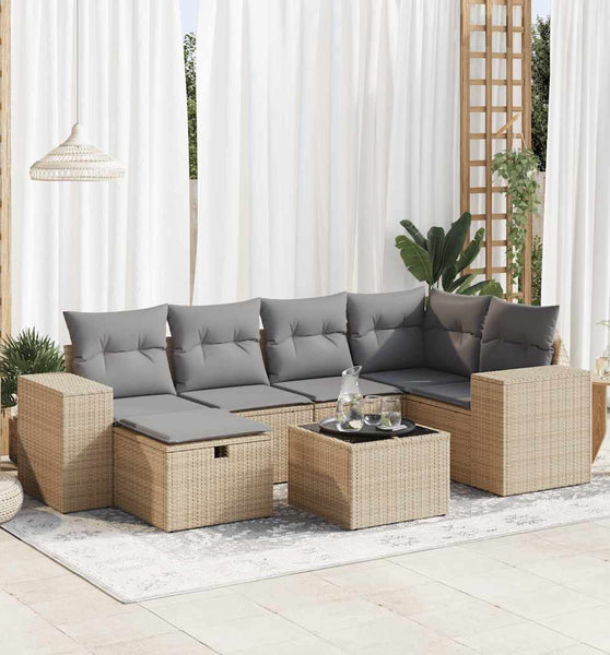 7-tlg. Garten-Sofagarnitur mit Kissen Beige Poly Rattan