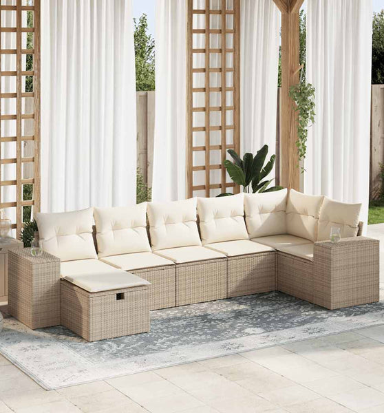 7-tlg. Garten-Sofagarnitur mit Kissen Beige Poly Rattan