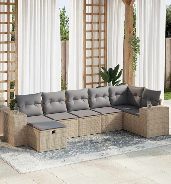 7-tlg. Garten-Sofagarnitur mit Kissen Beige Poly Rattan