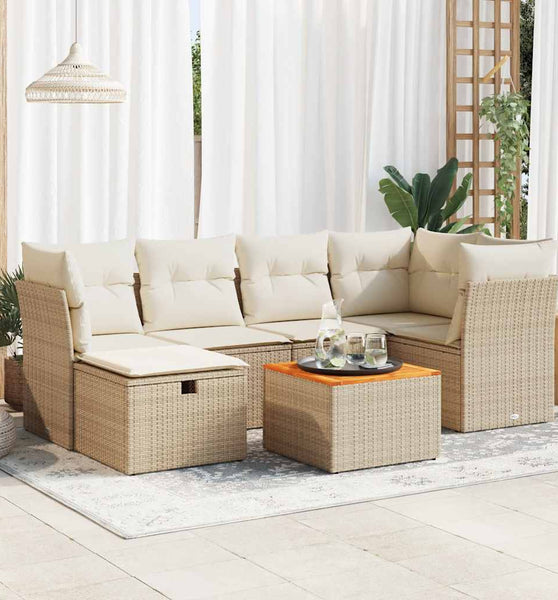 7-tlg. Garten-Sofagarnitur mit Kissen Beige Poly Rattan